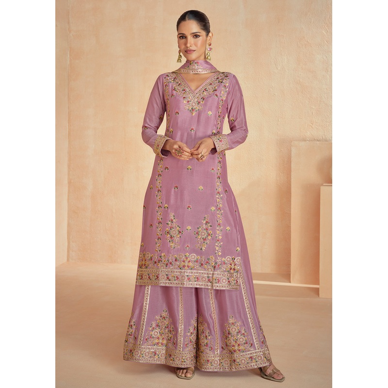 Chinnon Silk Embroidered Pink Designer Palazzo Suit