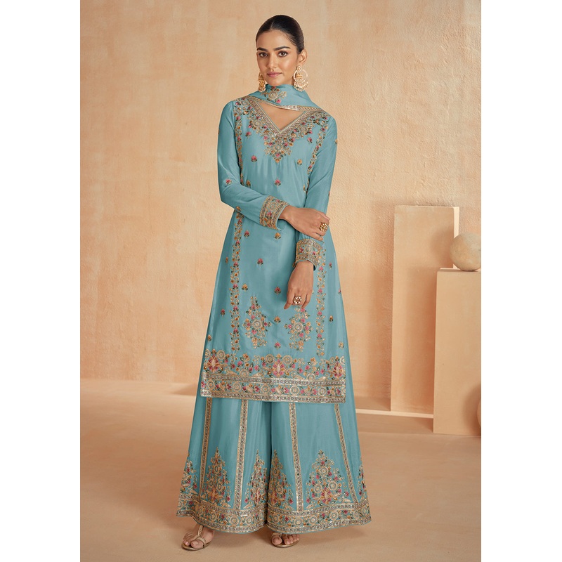 Chinnon Silk Embroidered Sky Blue Designer Palazzo Suit