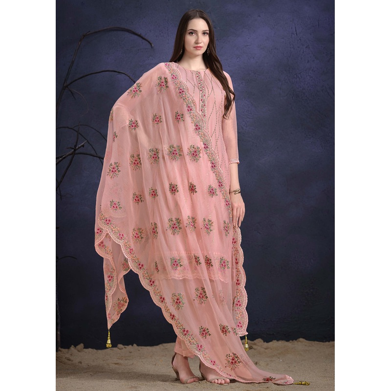 Coral Pink Organza Chiffon Embroidered Festive Salwar Suit