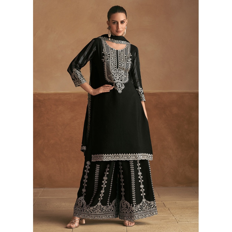 Embroidered Black Real Chinnon Palazzo Style Suit