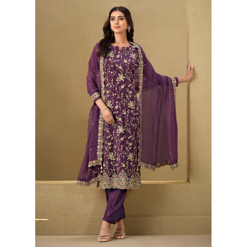 Embroidered Sequins Purple Organza Pant Style Suit