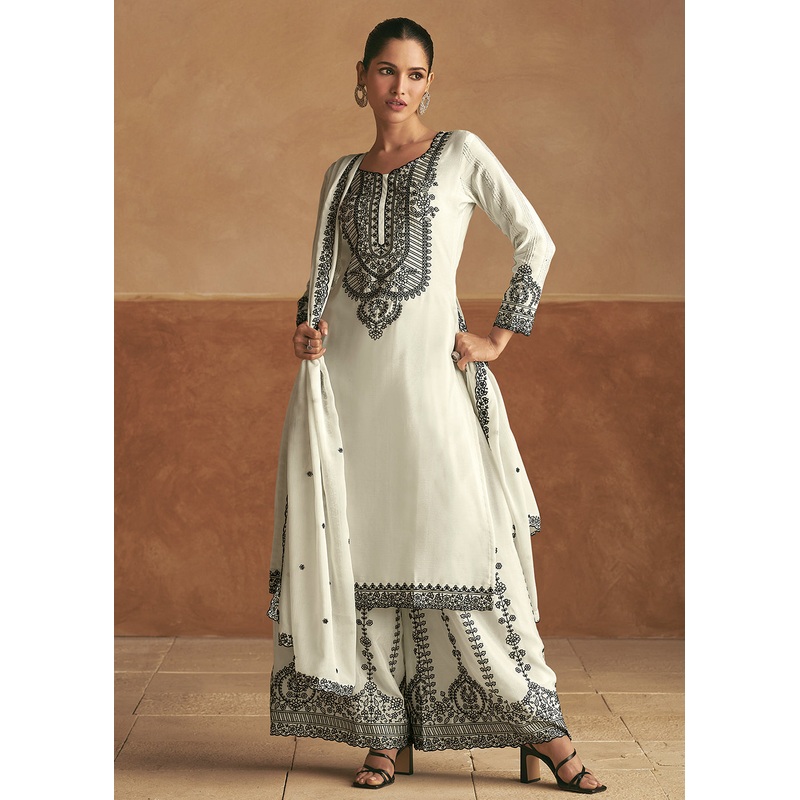 Embroidered White Real Chinnon Palazzo Style Suit