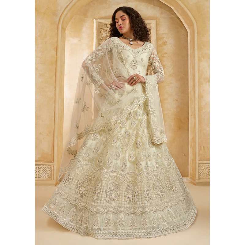 Gorgeous Cream Heavy Net Embroidered Bridal Lehenga Choli