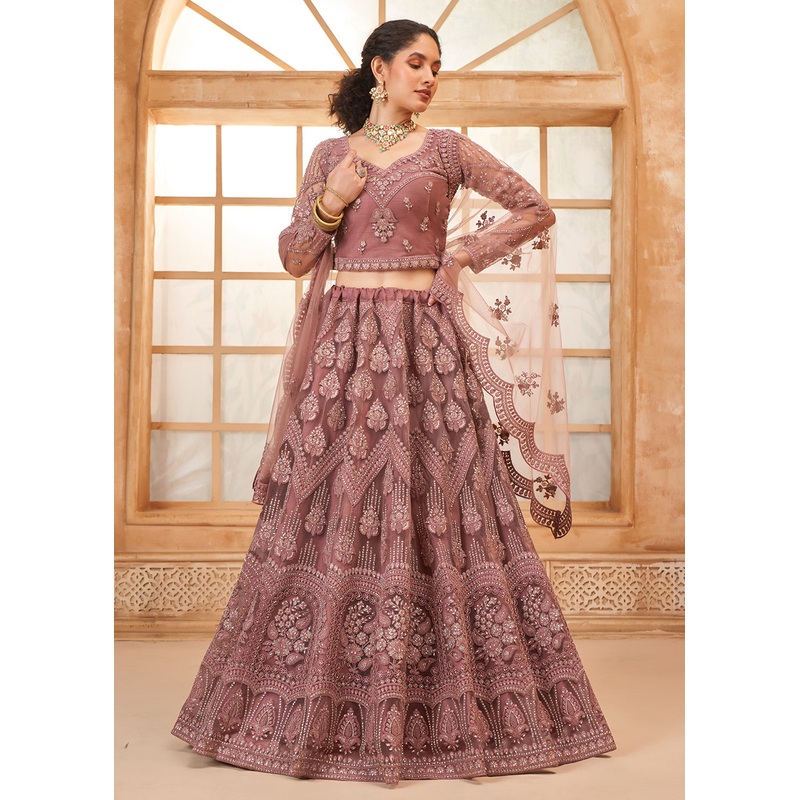 Gorgeous Mauve Heavy Net Embroidered Bridal Lehenga Choli