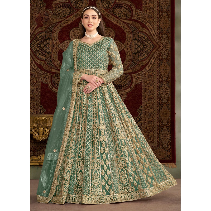 Green All Over Embroidered Net Wedding Anarkali Gown