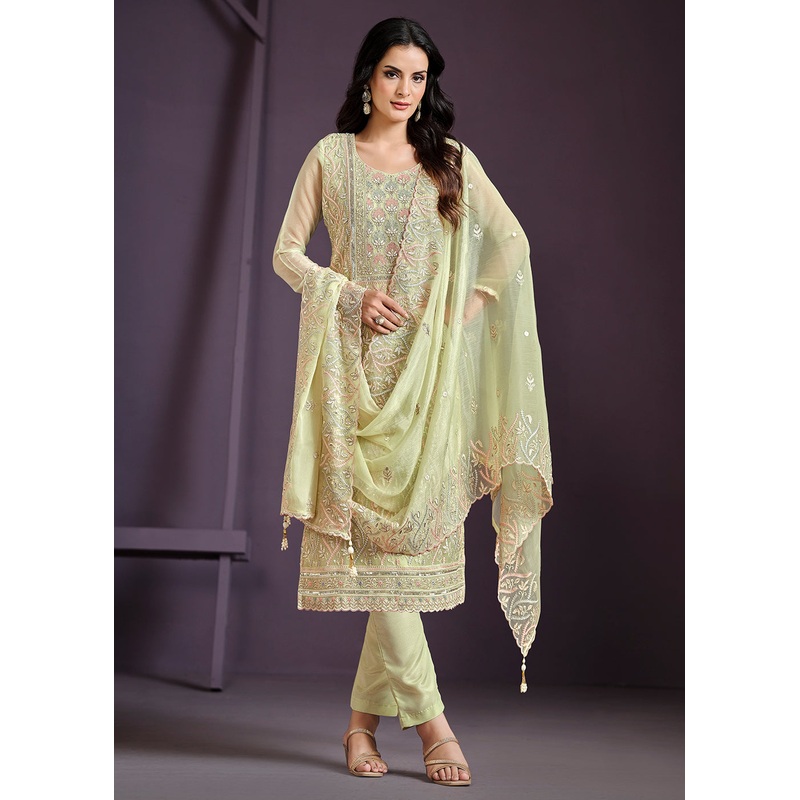 Green Lucknowi Embroidered Chiffon Festive Salwar Suit