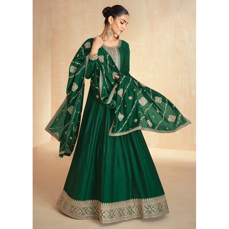 Green Silk Embroidered Wedding Party Anarkali Suit