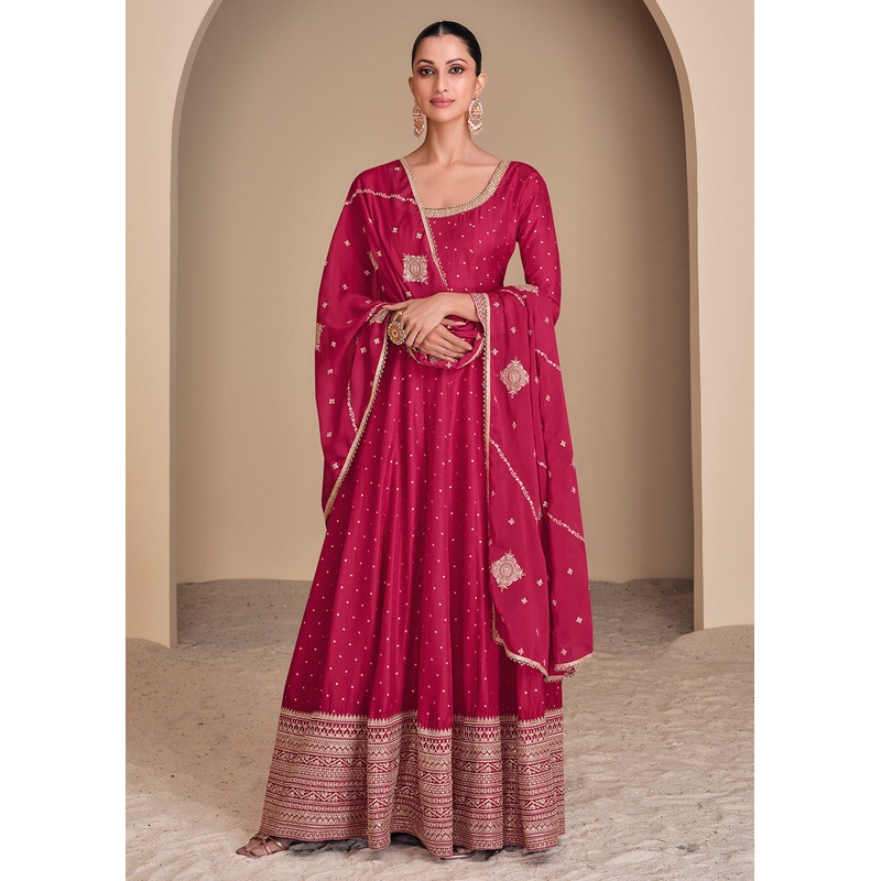 Hot Pink Viscose Jacquard Silk Festive Anarkali Suit
