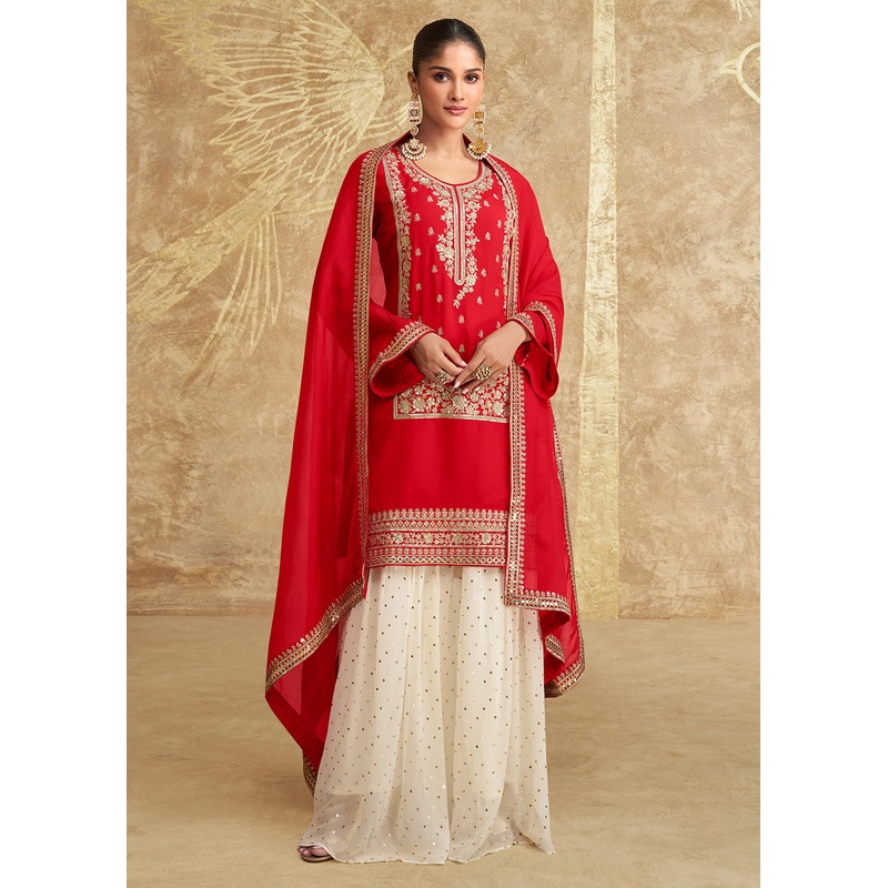 Hot Red Embroidered Chinnon Silk Sharara Suit