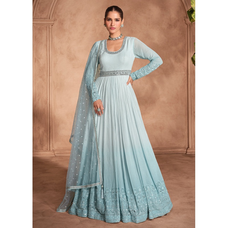 Ice Blue Chikankari Embroidery Wedding Anarkali Gown