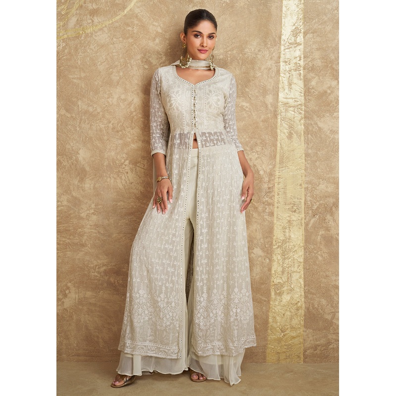 Indo Western Style Ivory White Designer Palazzo Suit