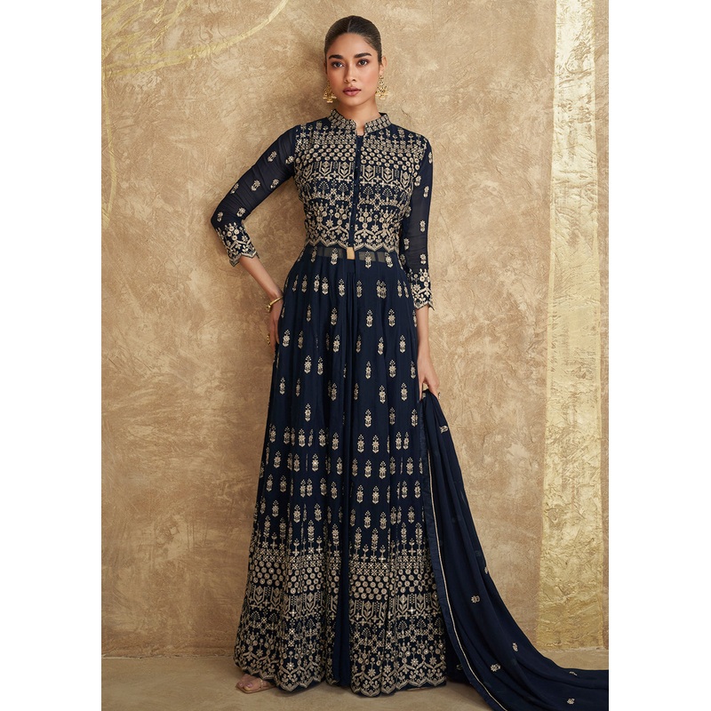 Indo Western Style Navy Blue Designer Palazzo Suit