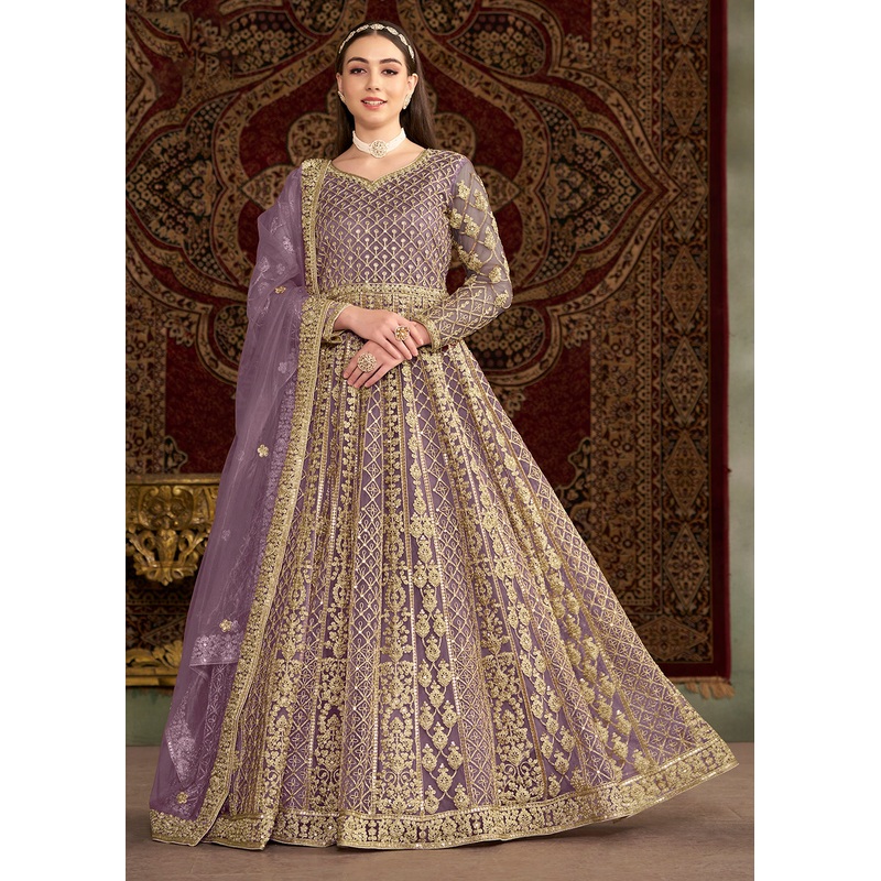 Lavender All Over Embroidered Net Wedding Anarkali Gown