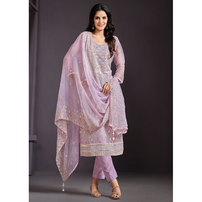 Lilac Lucknowi Embroidered Chiffon Festive Salwar Suit