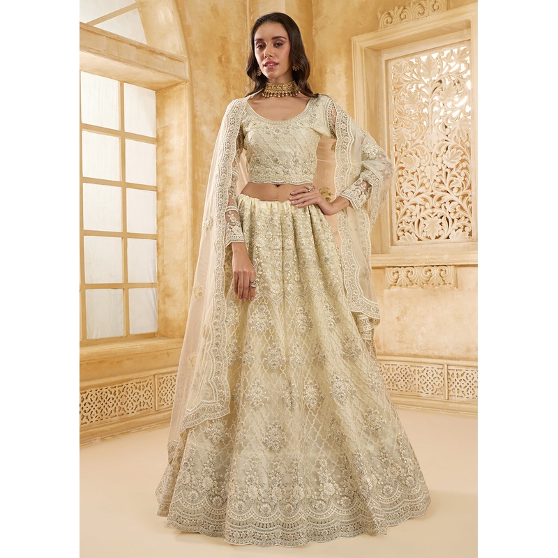 Lovely Cream Heavy Net Embroidered Bridal Lehenga Choli