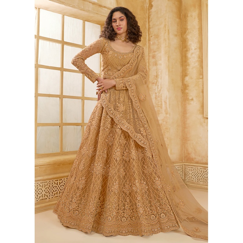 Lovely Golden Heavy Net Embroidered Bridal Lehenga Choli
