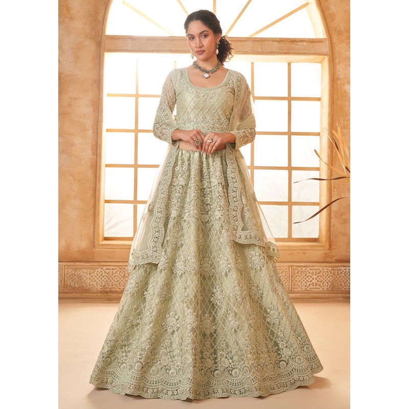 Lovely Green Heavy Net Embroidered Bridal Lehenga Choli