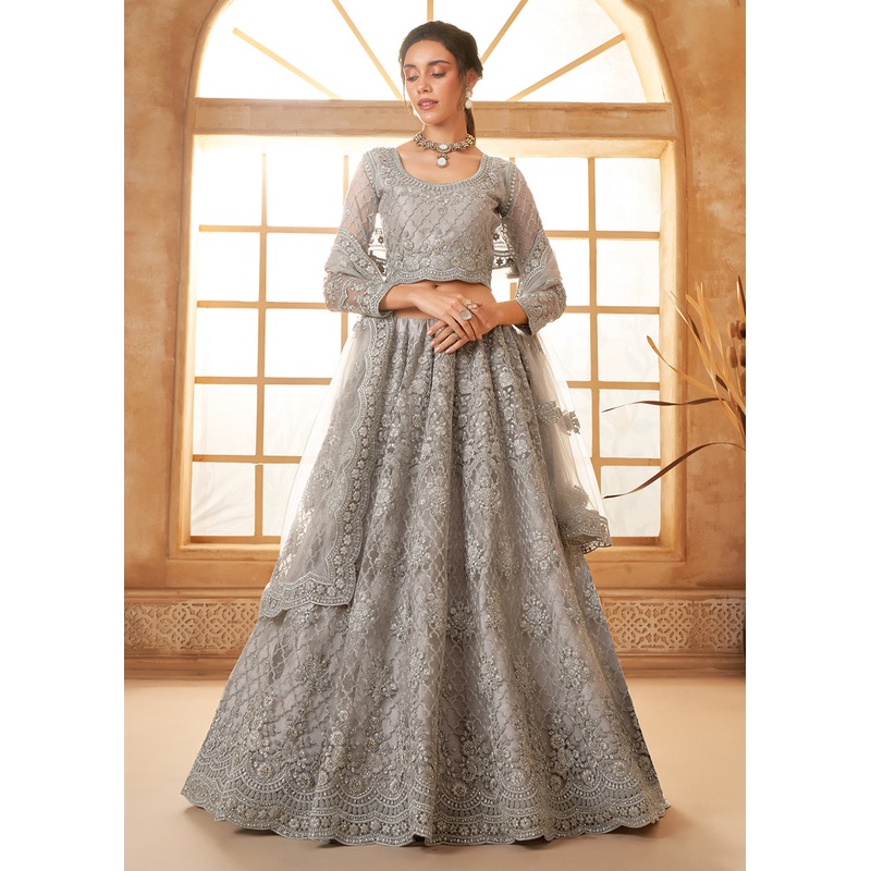 Lovely Grey Heavy Net Embroidered Bridal Lehenga Choli