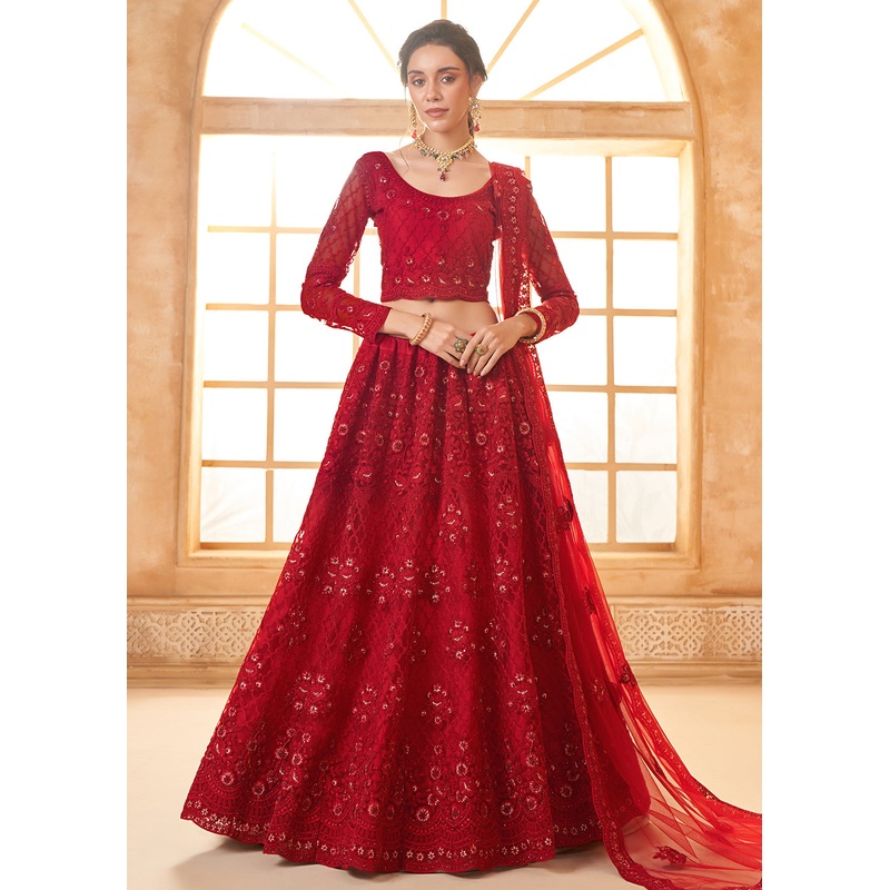 Lovely Red Heavy Net Embroidered Bridal Lehenga Choli
