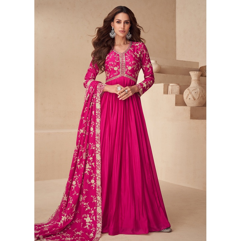 Magenta Pink Embroidered Chinnon Festive Anarkali Dress