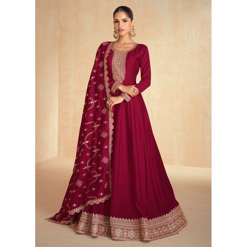 Maroon Silk Embroidered Wedding Party Anarkali Suit