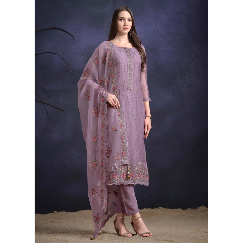 Mauve Purple Organza Chiffon Embroidered Festive Salwar Suit