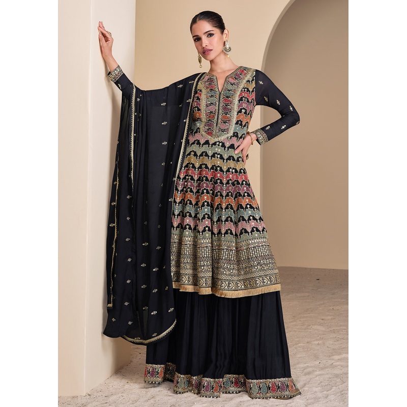 Multi Embroidered Black Georgette Wedding Sharara Suit
