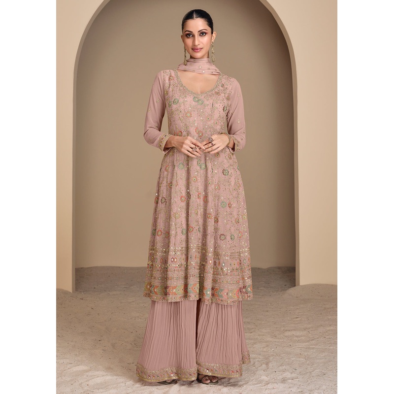Multi Embroidered Peach Georgette Wedding Gharara Suit
