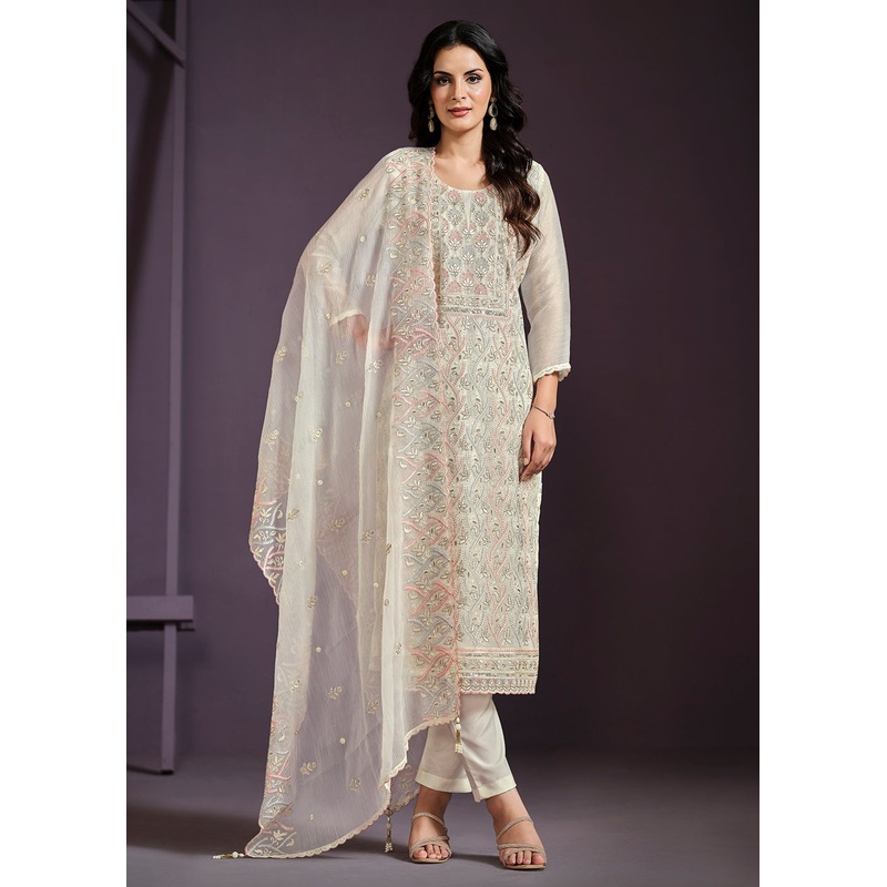 Off White Lucknowi Embroidered Chiffon Festive Salwar Suit