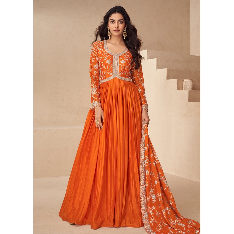 Orange Embroidered Chinnon Festive Anarkali Dress