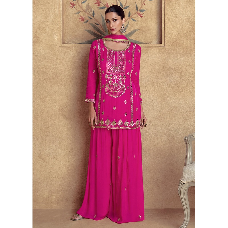 Pink Premium Chinnon Silk Festive Sharara Style Suit