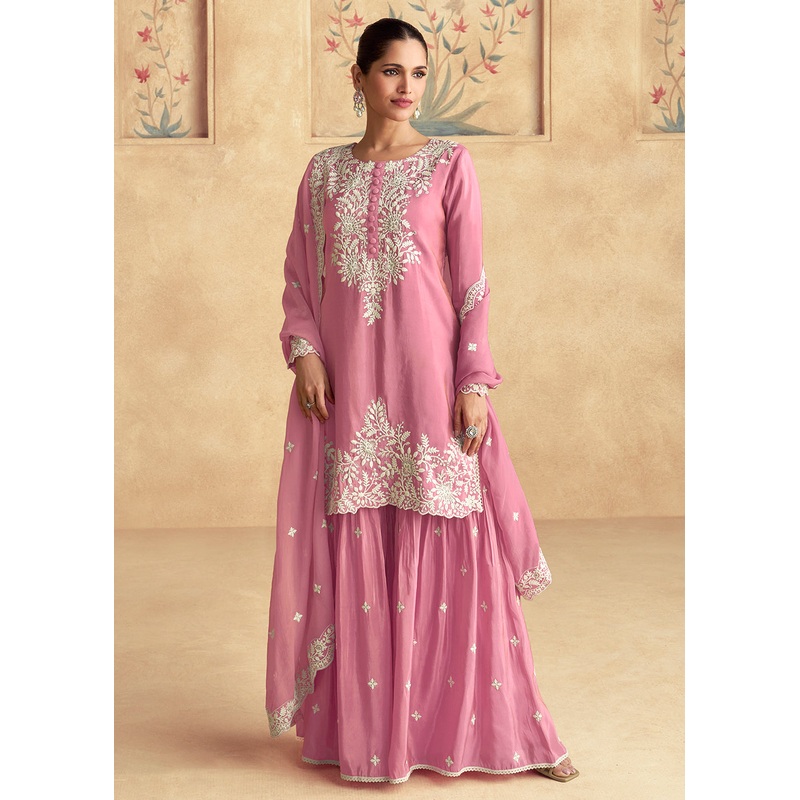 Pink Silk Embroidered Festive Gharara Suit