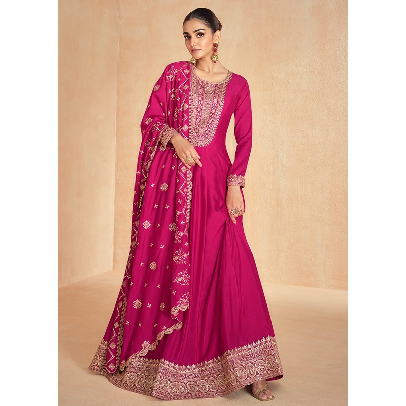 Pink Silk Embroidered Wedding Party Anarkali Suit