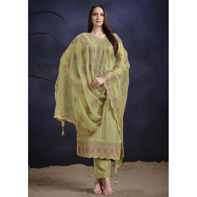 Pista Green Organza Chiffon Embroidered Festive Salwar Suit