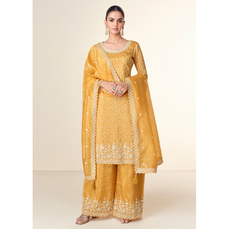 Pretty Mustard Tissue Crush Embroidered Palazzo Suit