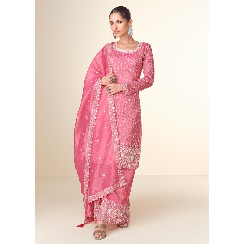 Pretty Pink Tissue Crush Embroidered Palazzo Suit