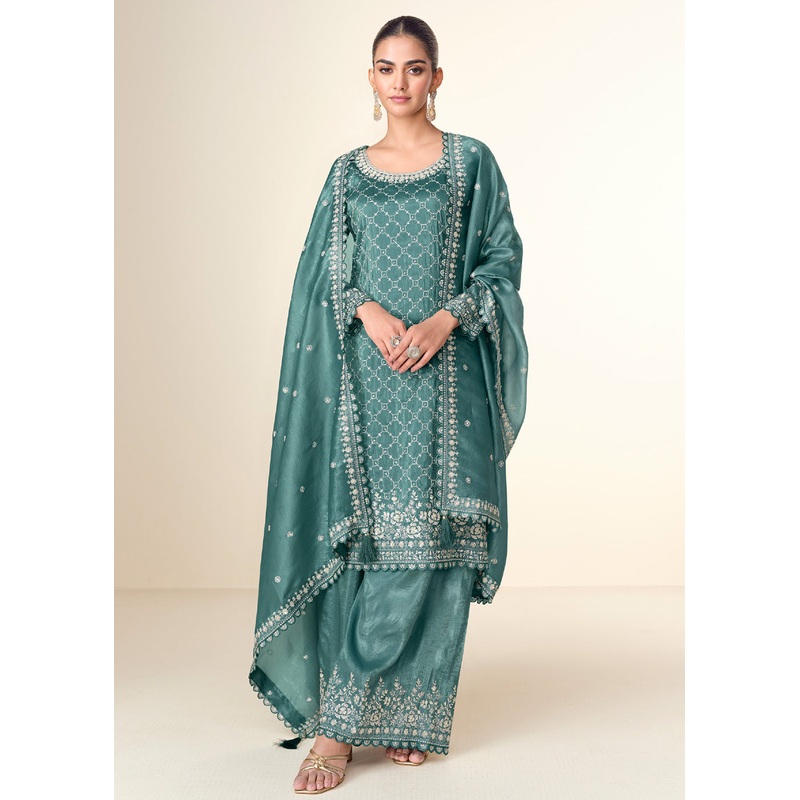 Pretty Teal Tissue Crush Embroidered Palazzo Suit