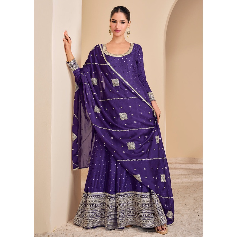 Purple Viscose Jacquard Silk Festive Anarkali Suit