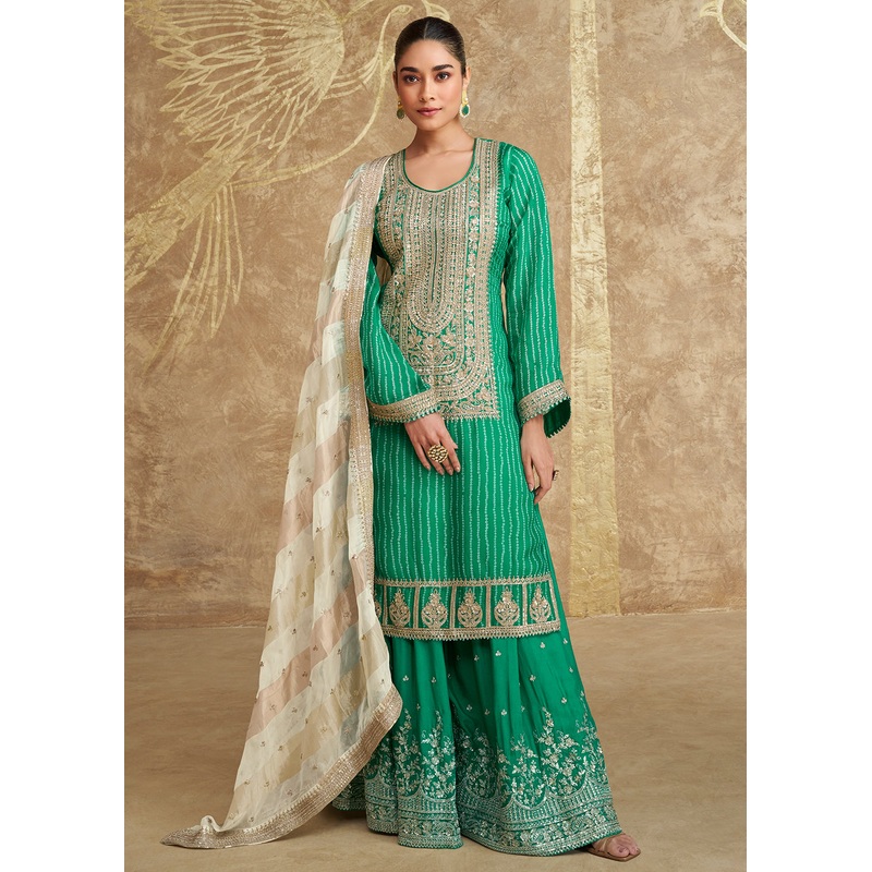 Rama Green Embroidered Chinnon Silk Palazzo Suit