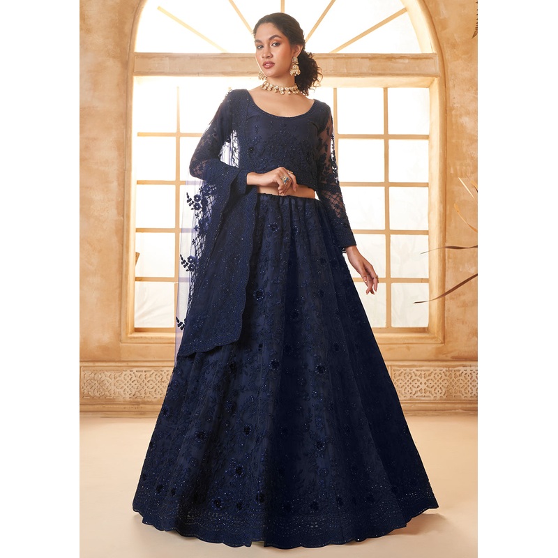 Stunning Blue Heavy Net Embroidered Bridal Lehenga Choli