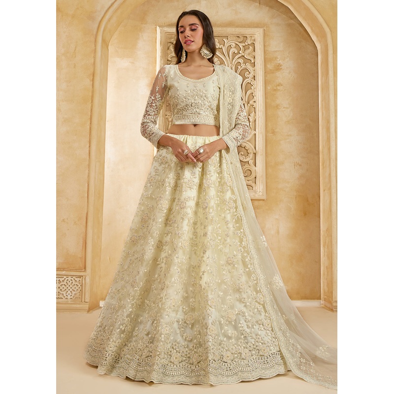 Stunning Cream Heavy Net Embroidered Bridal Lehenga Choli