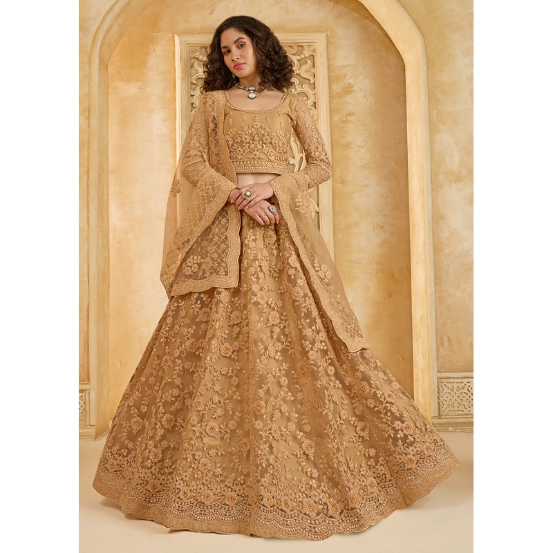 Stunning Golden Heavy Net Embroidered Bridal Lehenga Choli