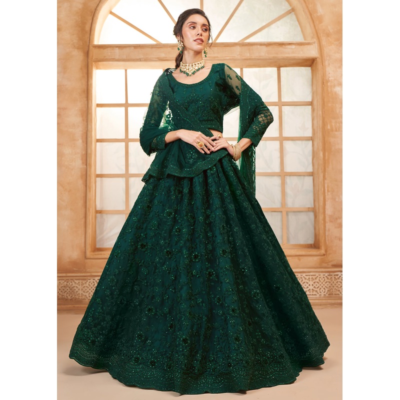 Stunning Green Heavy Net Embroidered Bridal Lehenga Choli