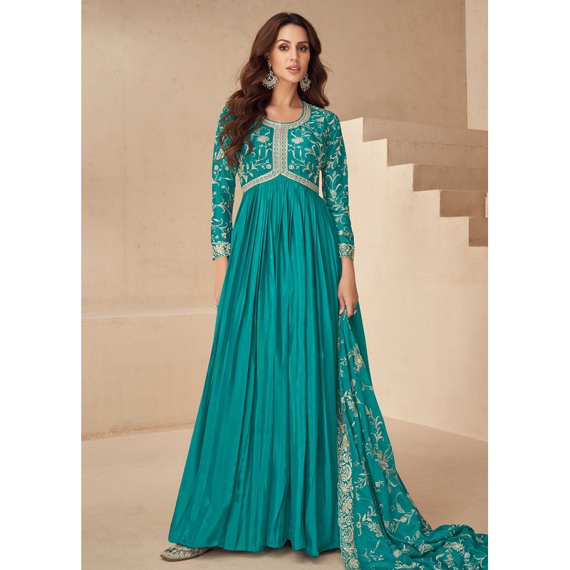 Teal Blue Embroidered Chinnon Festive Anarkali Dress