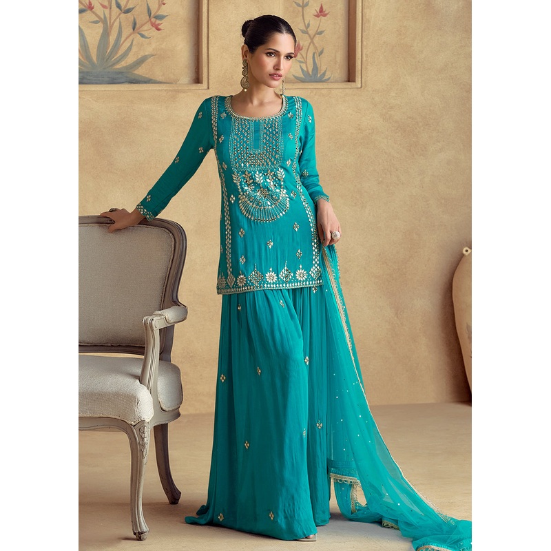 Teal Premium Chinnon Silk Festive Sharara Style Suit