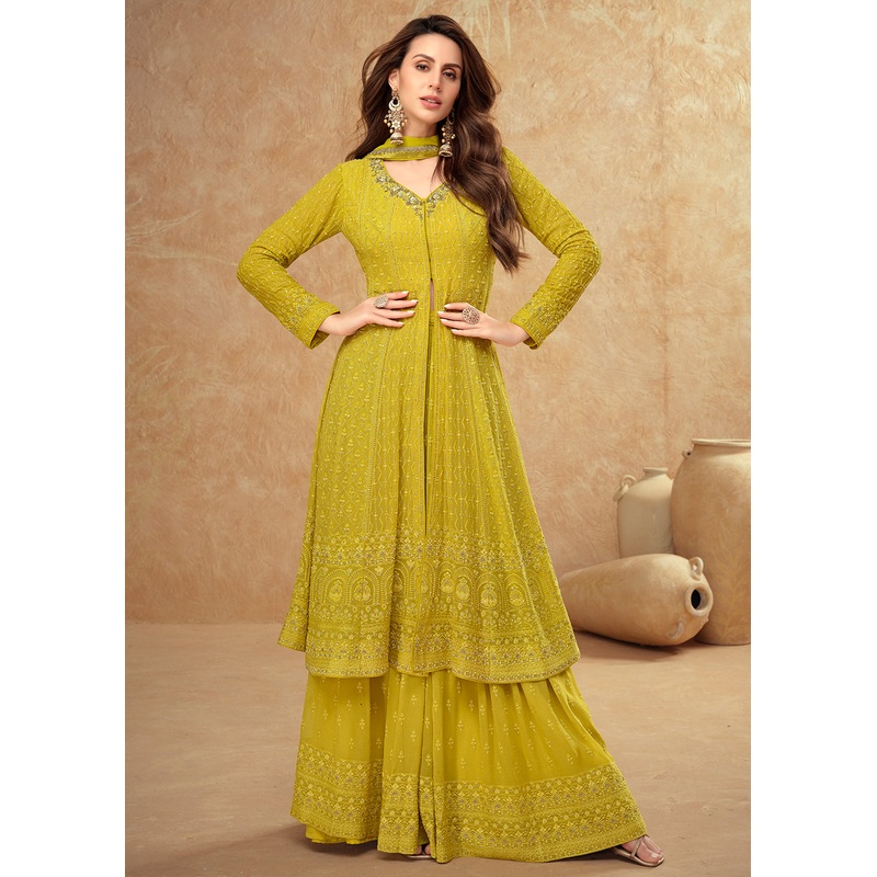 Tempting Lemon Yellow Georgette Wedding Sharara Suit