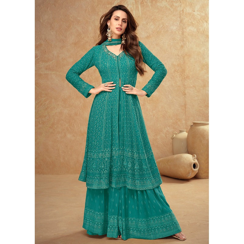 Tempting Peacock Blue Georgette Wedding Sharara Suit