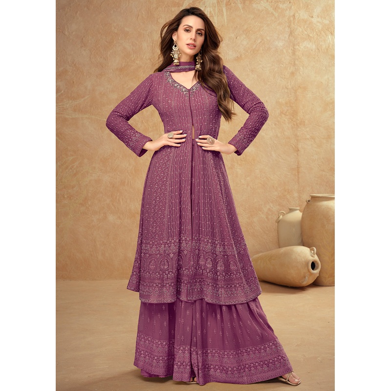 Tempting Purple Georgette Wedding Sharara Suit