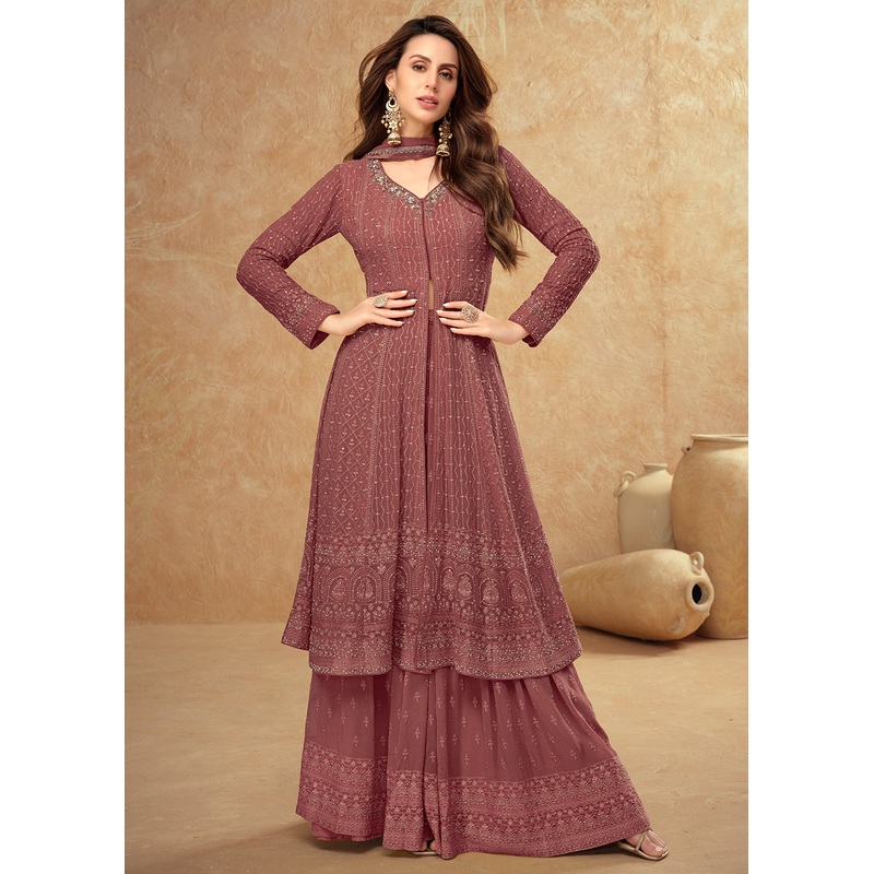 Tempting Rosy Brown Georgette Wedding Sharara Suit