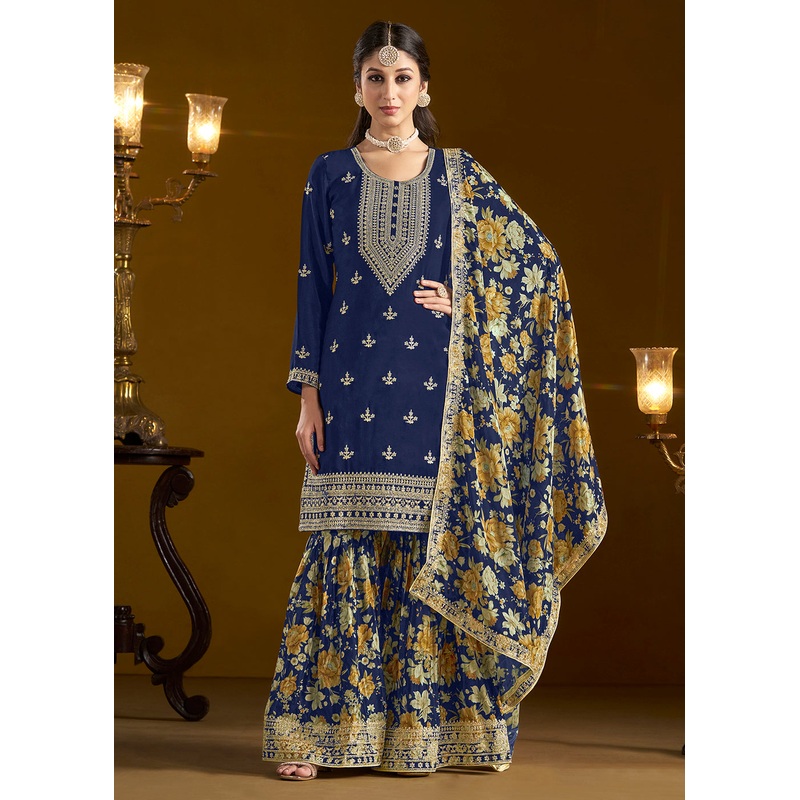 Traditional Blue Embroidered Chinnon Festive Gharara Suit